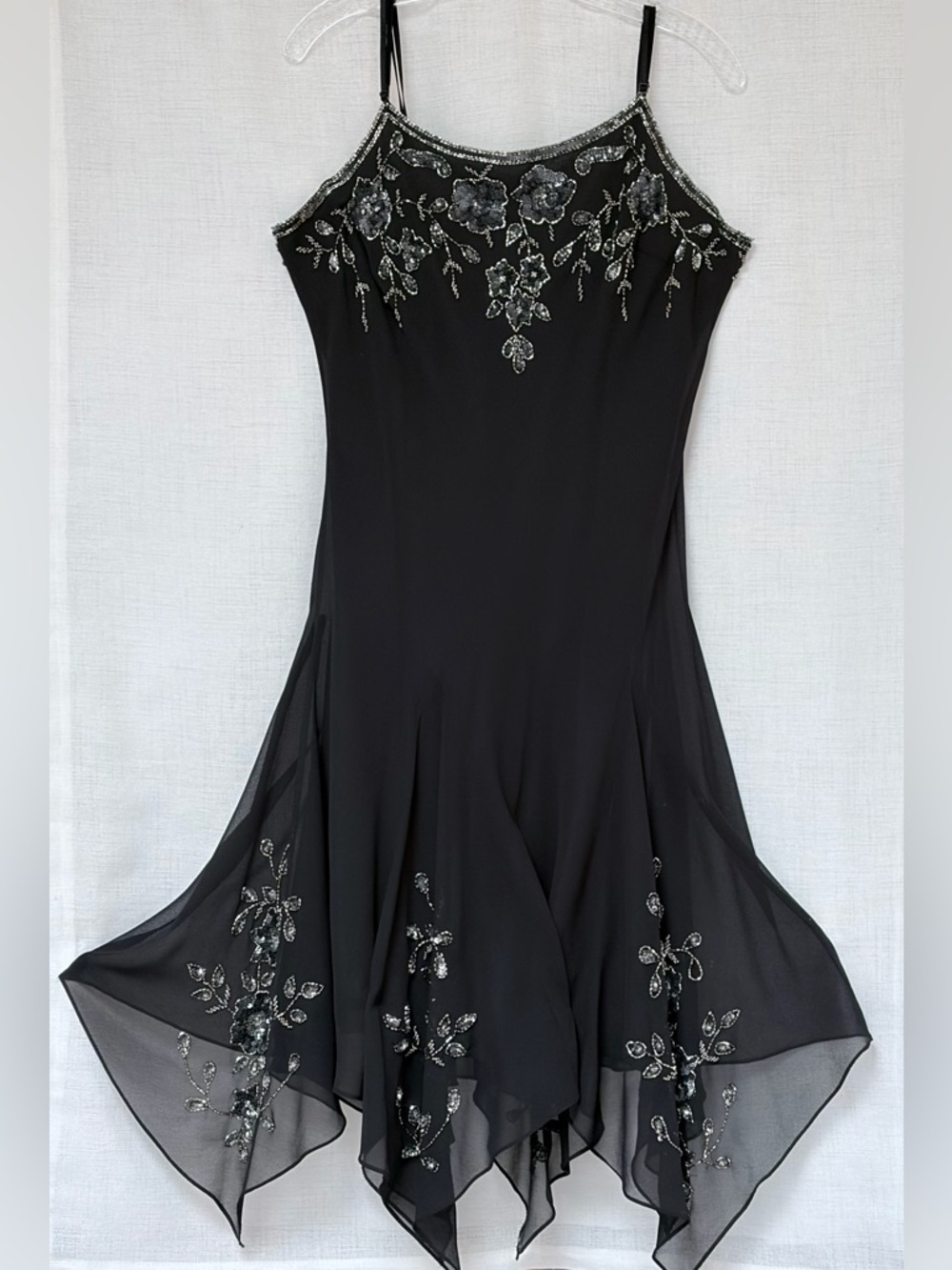 Elegant formal black silk dress.Floral beaded,sequins,pixie cut,flutter hem.Sz12